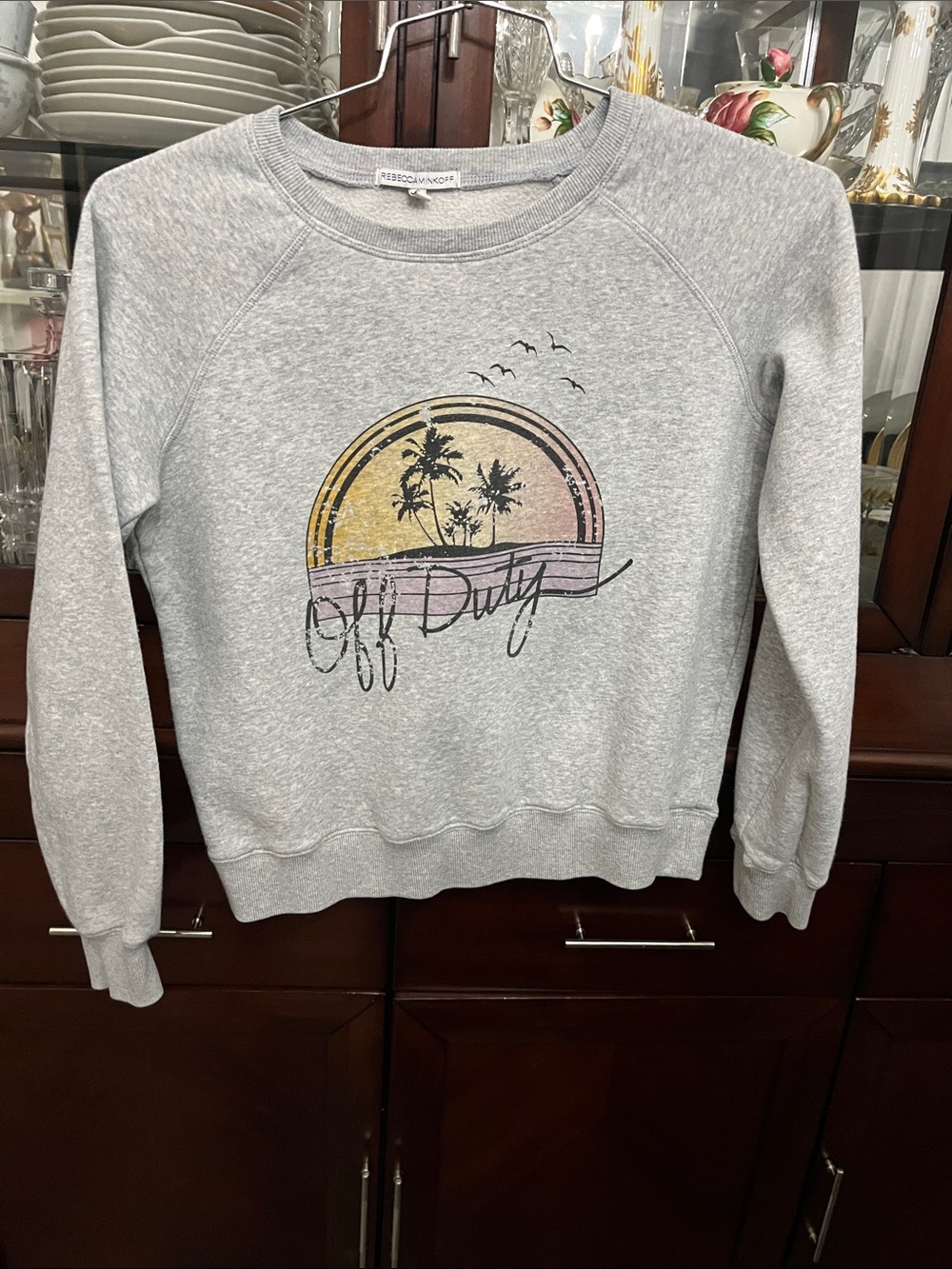 Rebecca Minkoff Light Gray Crewneck Sweatshirt with Sunset Palm Graphic